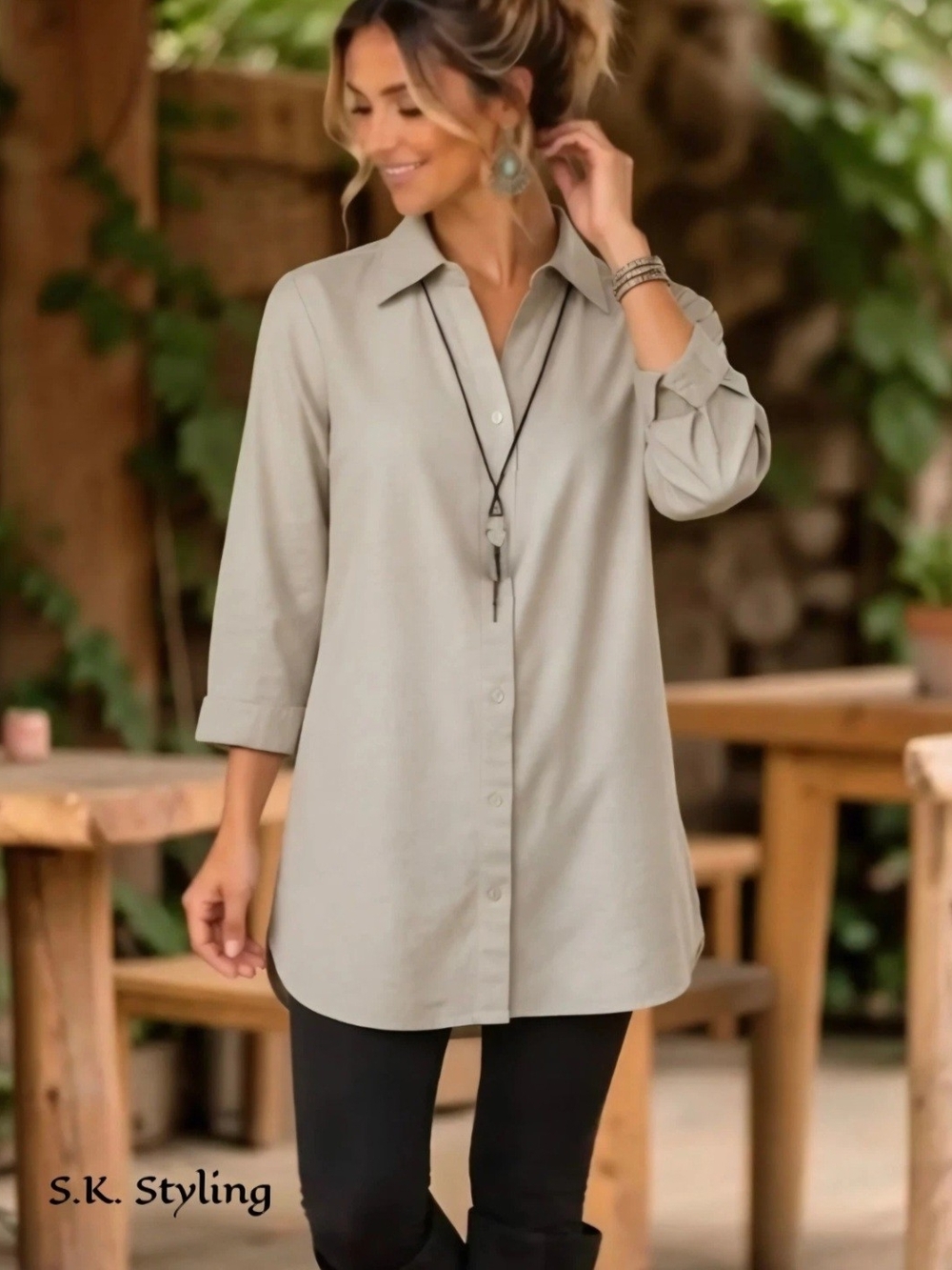 NEW Belle Kim Gravel Button up Tunic Shirt 3/4 Sleeve Linen Rayon Oatmeal M / L